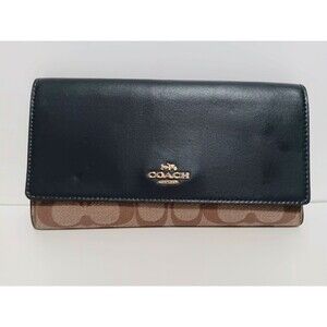 COACH Trifold Wallet Mid-Night Blue Leather / Signature Tan Canvas 88024